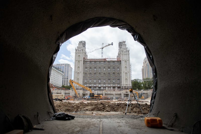 A new tunnel under North Temple street shows the Salt Lake Temple, which is under renovation.