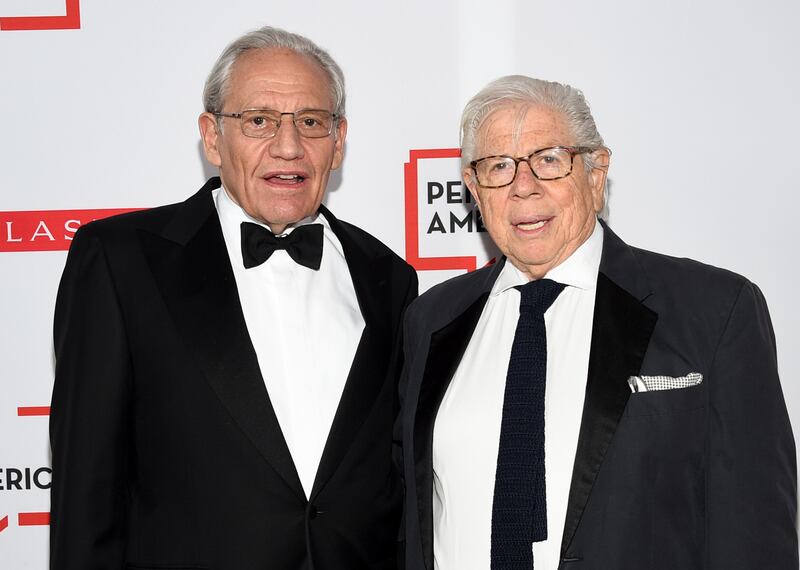 PEN literary service award recipient Bob Woodward, left, poses with fellow journalist and author Carl Bernstein.