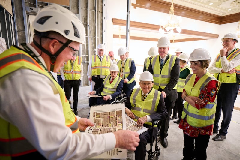 Members of the First Presidency and their wives and the Presiding Bishopric tour the Salt Lake Temple amid ongoing construction on Friday, Dec. 12, 2025.