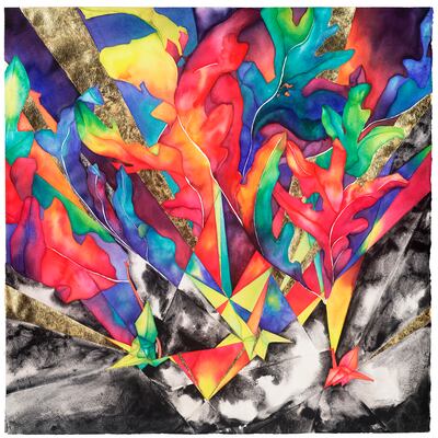 Sara Steele's watercolor inspired by a grade school project in Philadelphia where students turned pages of the books into peace cranes.
