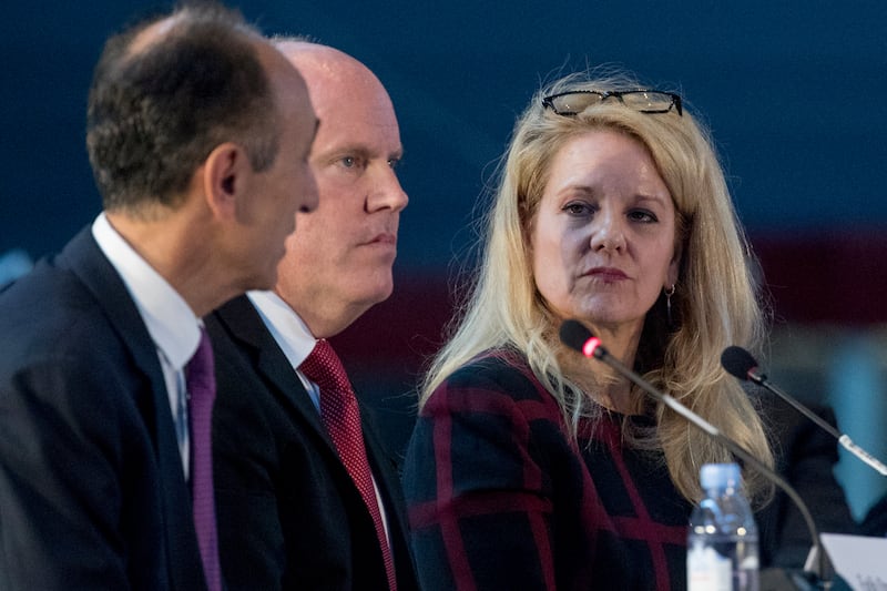 Sierra Nevada Corporation CEO Fatih Ozman, Blue Origin CEO Bob Smith and SpaceX President and CEO Gwynne Shotwell appear as panelists at the first meeting of the National Space Council.