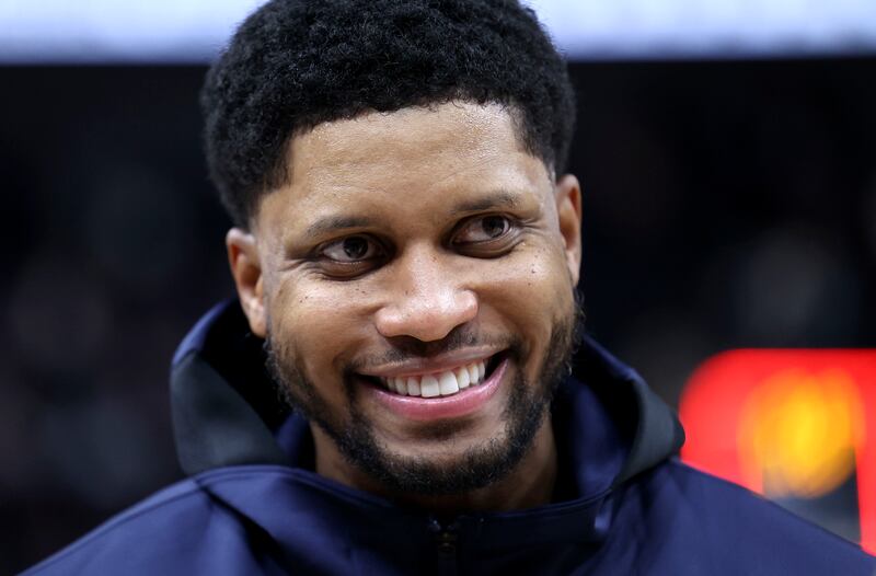 Utah Jazz forward Rudy Gay smiles after the game against Toronto at Vivint Arena in Salt Lake City on Nov. 18, 2021.