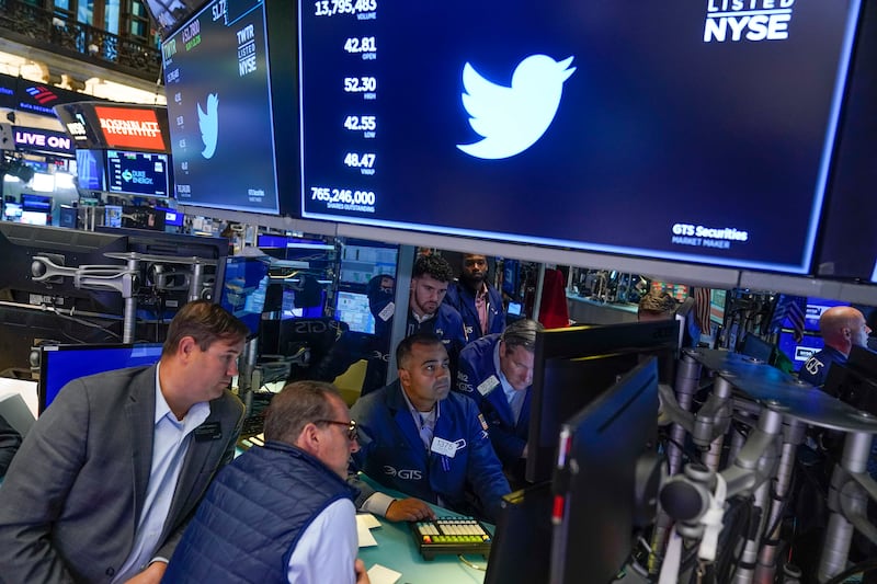 Traders gather around a post as Twitter shares resume trading on the floor at the New York Stock Exchange.