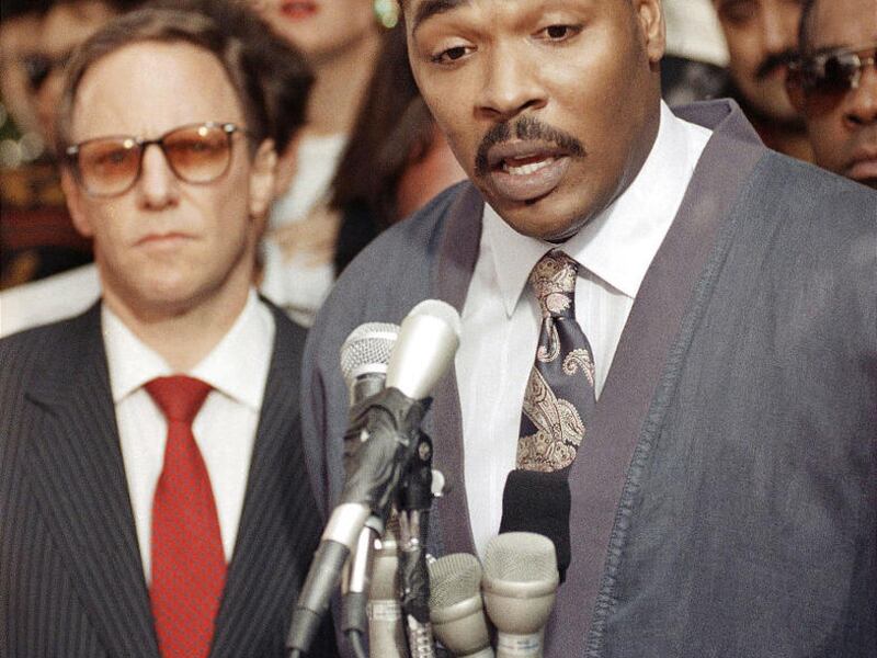 Rodney King speaks during a now-famous news conference in 1992.