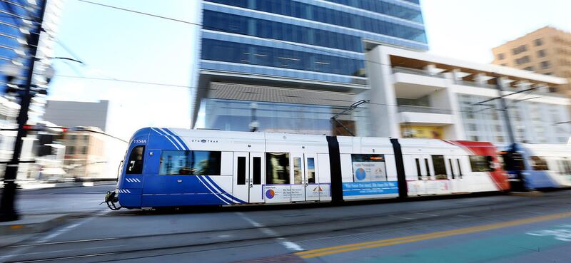 A TRAX train moves through Salt Lake City on Tuesday, April 4, 2017. The Utah Transit Authority is running late TRAX and S-Line service during this weekend’s Utah Arts Festival.