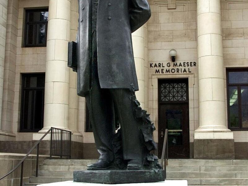 The Karl G. Maeser statue in front of the Karl G. Maeser Memorial Building on BYU campus.