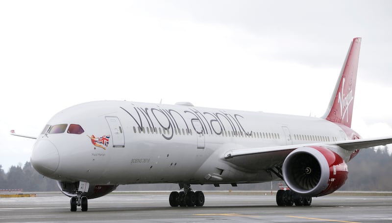 A Virgin Atlantic Boeing 787-9 passenger airplane arrives following a flight from London to Seattle in 2017. The first fossil-fuel free commercial flight flew from London to New York on Nov. 28, 2023.