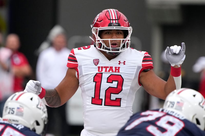 Utah linebacker Sione Fotu (12) during an NCAA college football game against Arizona on Nov. 18, 2023.