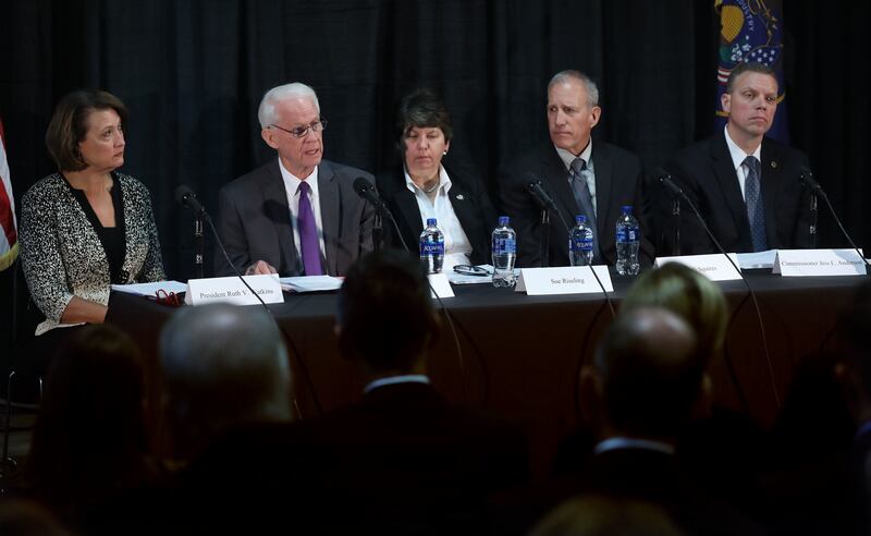 University of Utah President Ruth Watkins, left, John T. Nielsen, former Commissioner of Public Safety for the State of Utah, Sue Riseling, executive director, International Association of Campus Law Enforcement Administrators, Keith Squires, Senior Vice