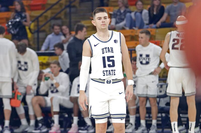 Former Utah Runnin’ Utes guard Rylan Jones takes the court for the first time as an Aggie Wednesday night at the Spectrum.