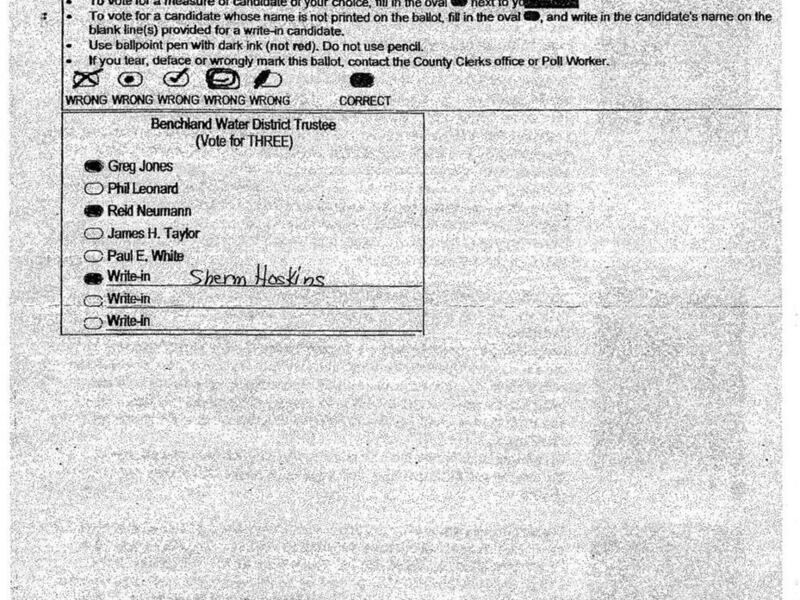 This marked-up copy of a sample ballot was included in campaign information promoting three candidates running for positions on the Benchland Water District Board in Farmington. Davis County and the Utah Lieutenant Governor's office are evaluating the mat