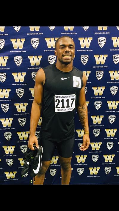University of Utah defensive back Javelin Guidry poses for a picture following his win in the 60 meters at the UW Invitational in Seattle, Wash., on Jan. 26, 2019. Guidry will compete in the USA Track & Field Indoor Championships later this month in New Y