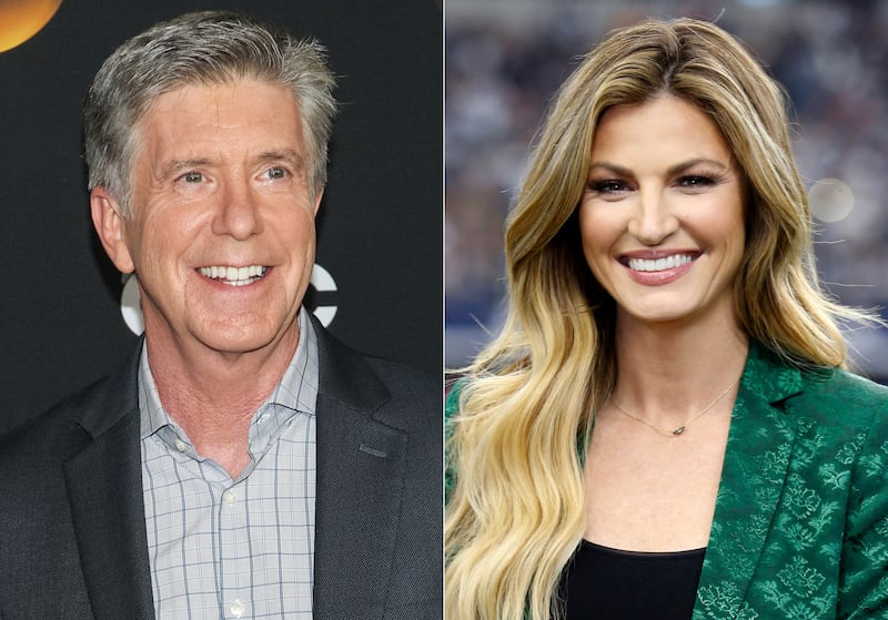 This combination photo shows “Dancing With the Stars” co-hosts, Tom Bergeron, left, and Erin Andrews who will not be returning to the popular celebrity dance competition series. ABC said in a statement that the show is looking to “embark on a new creative direction.”