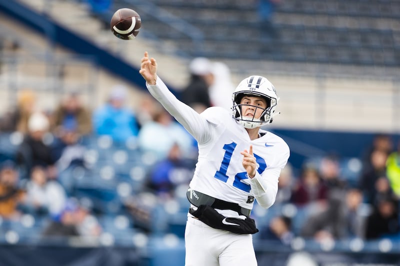 BYU quarterback Jake Retzlaff throws during annual BYU Blue vs. White scrimmage at LaVell Edwards Stadium in Provo.