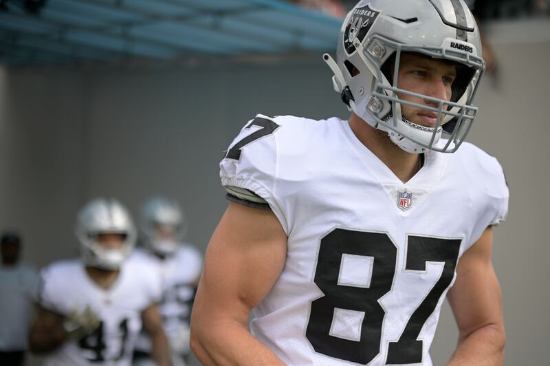 NFL tight end Foster Moreau heads to the field before a Nov. 6, 2022, game.