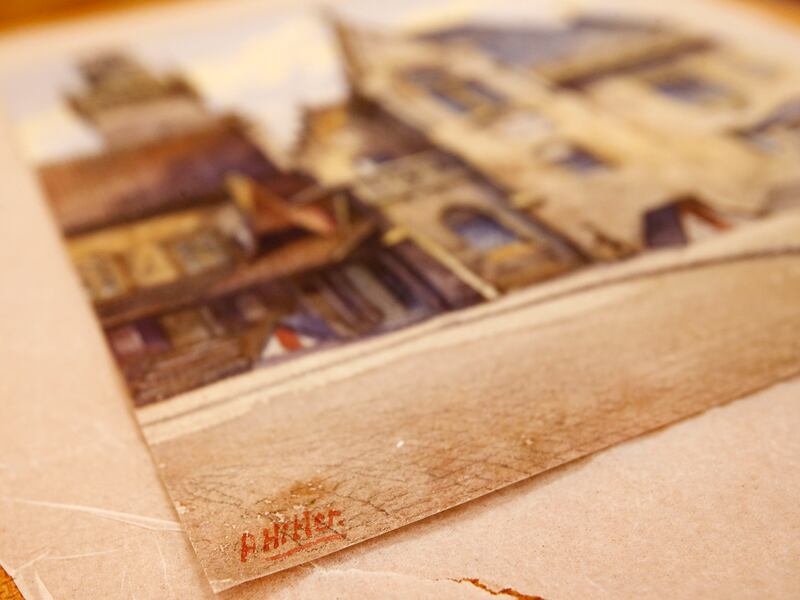 The Wednesday, Nov. 19, 2014 photo shows the signature “A. Hitler” on a picture that was painted by Adolf Hitler in Nuremberg, Germany.