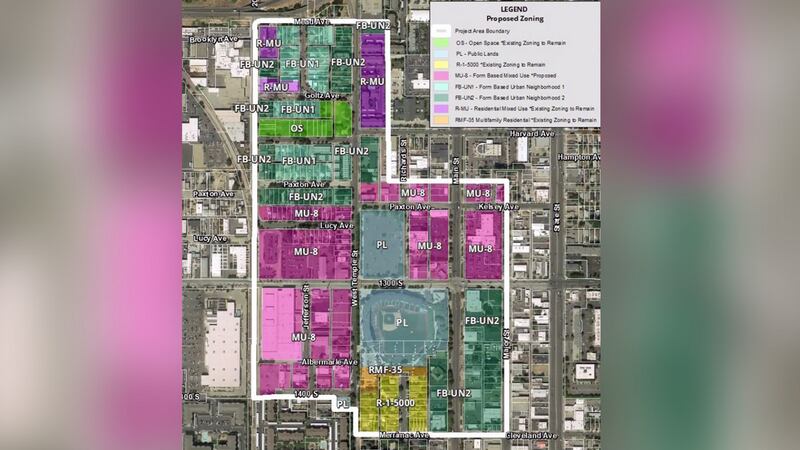 This map shows the Salt Lake City Planning Division's proposed rezone for a section of the Ballpark neighborhood near Smith's Ballpark. The proposal may reach the city council by the end of the year.