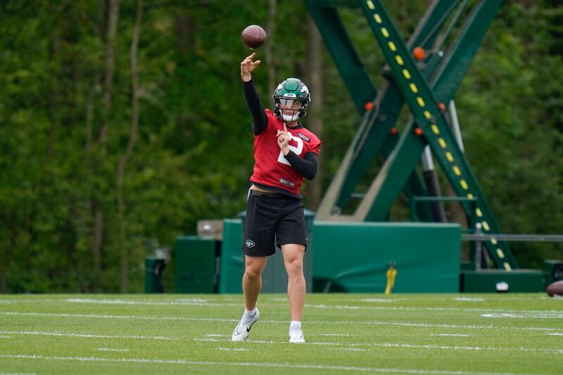 New York Jets’ quarterback Zach Wilson throws during a drill in Florham Park, N.J., Tuesday, May 24, 2022.