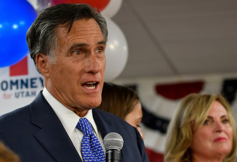 Mitt Romney, Republican U.S. Sen.-elect from Utah, speaks to an election night party after his victory Tuesday, Nov. 6, 2018, in Orem, Utah. (AP Photo/Gene Sweeney Jr)