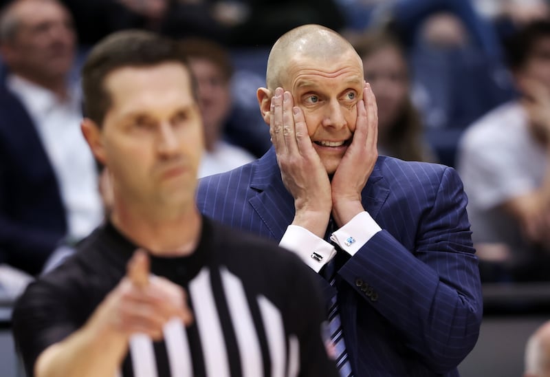BYU coach Mark Pope reacts during an NIT game against Long Beach State at the Marriott Center in Provo on March 16, 2022.