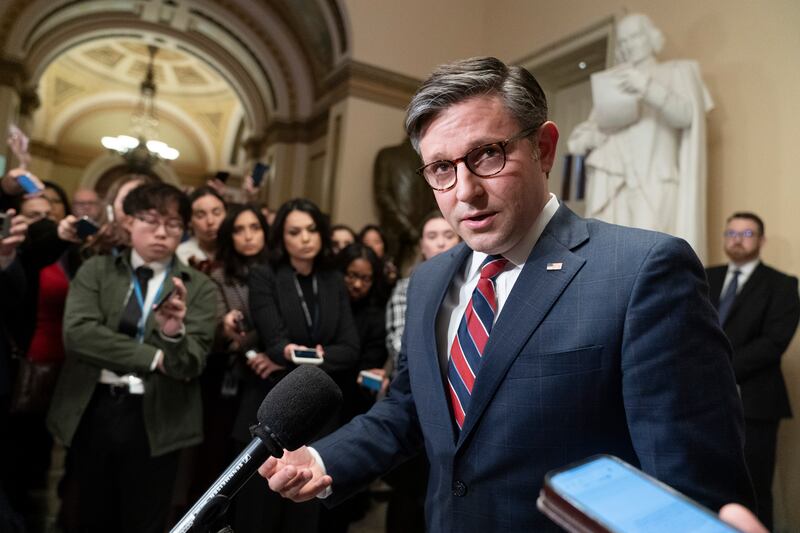 House Speaker Mike Johnson of La., speaks to reporters following a meeting with Ukrainian President Volodymyr Zelenskyy, at the Capitol, Tuesday, Dec. 12, 2023, in Washington.