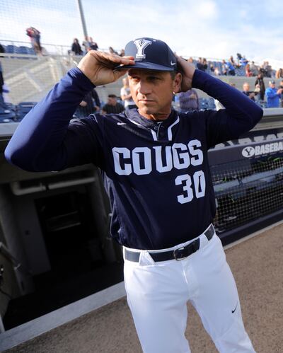 BYU baseball coach Mike Littlewood gets ready for a baseball game against San Francisco at Miller Park in Provo, on Thursday, May 9, 2019.