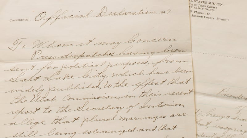 Handwritten copy of the statement given by Lorenzo Snow in general conference proposing acceptance of the Manifesto as issued by Wilford Woodruff to abandon polygamy. It was written on Central States Mission stationery during Samuel O. Bennion’s tenure as president of the mission from 1906 to 1934.