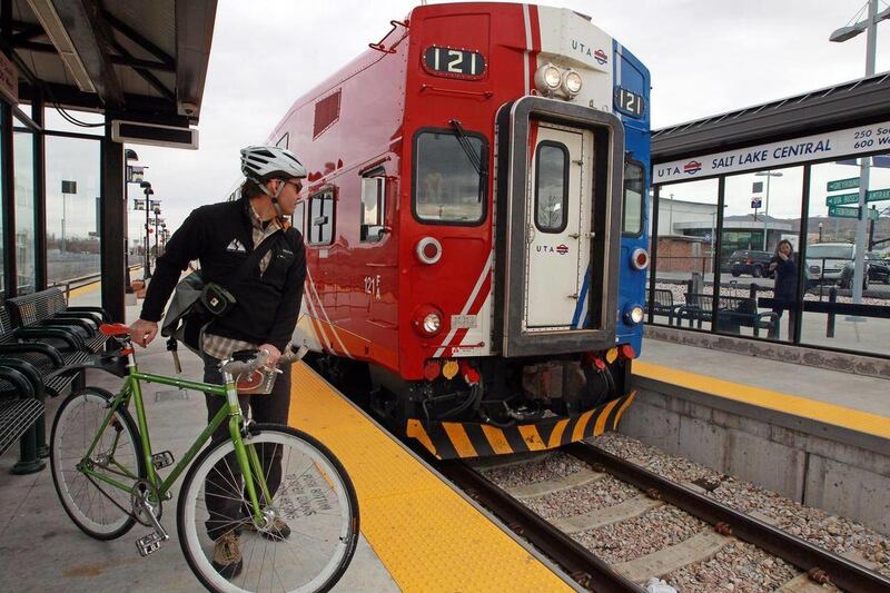 The "Frontrunner'" commuter rail line arrives at a Salt Lake City train station Monday, March 10, 2014, from Ogden, Utah.