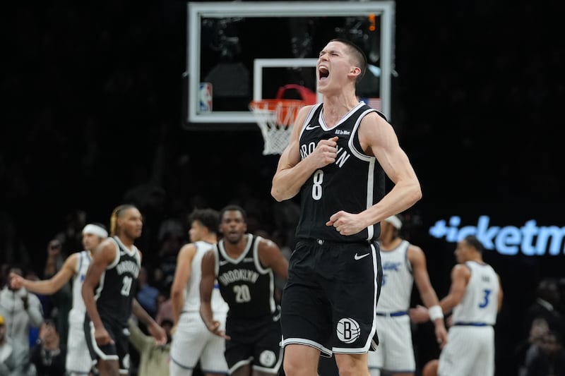 Brooklyn Nets' Egor Demin (8) celebrates after making a 3-point shot during game against the Orlando Magic Wednesday, Jan. 7, 2026, in New York.