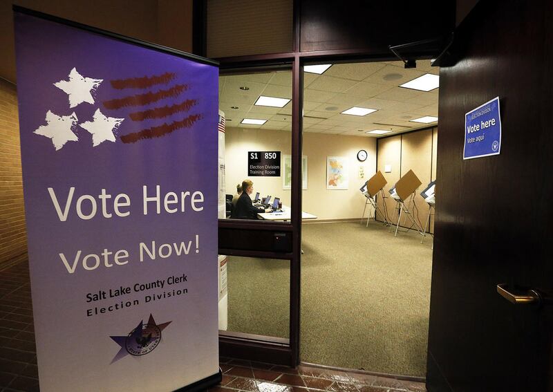 Voting machines are idle in this photo during early voting at the Salt Lake County Government Center in Salt Lake City on Tuesday, Oct. 31, 2017, 2017.