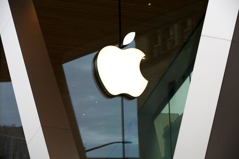 An Apple logo adorns the facade of the downtown Brooklyn Apple store in New York on Saturday, March 14, 2020.