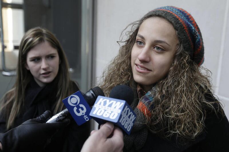 Brianna Hawk, 15, left, and Kayla Martinez, 14, speak to reporters outside the U.S. Courthouse in Philadelphia on Wednesday, Feb. 20, 2013. The two teens have taken their fight over a school ban their "I (heart) Boobies!" bracelets to a U.S. appeals court
