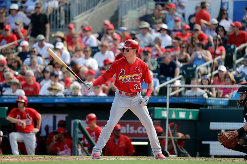 St. Louis Cardinals’ Drew Robinson bats during the fifth inning of an exhibition spring training baseball game against the Miami Marlins Saturday.