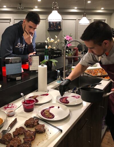 Utah Jazz chef Anthony Zamora prepares maple cinnamon beet purée, quinoa, and seared tenderloin steaks for Georges Niang at Donovan Mitchell’s home in Salt Lake City, Utah.