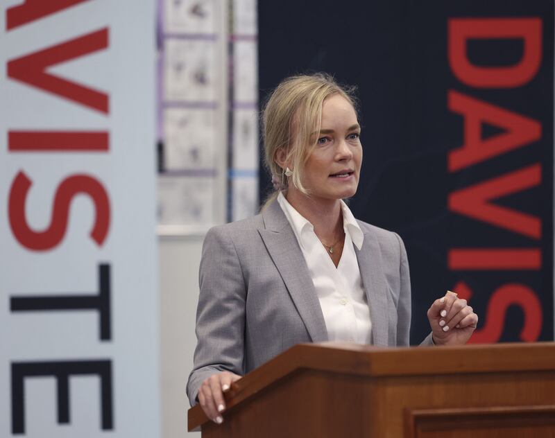 Anndrea Parrish, programming director for the Utah Department of Corrections, speaks about the launch of three certification programs that will be offered to the women’s population at the Utah State Correctional Facility in Salt Lake City on Friday.