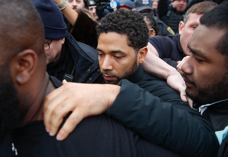 "Empire" actor Jussie Smollett leaves Cook County jail following his release, on Thursday, Feb. 21, 2019, in Chicago, Illinois. Smollett was charged with disorderly conduct and filing a false police report when he said he was attacked in downtown Chicago