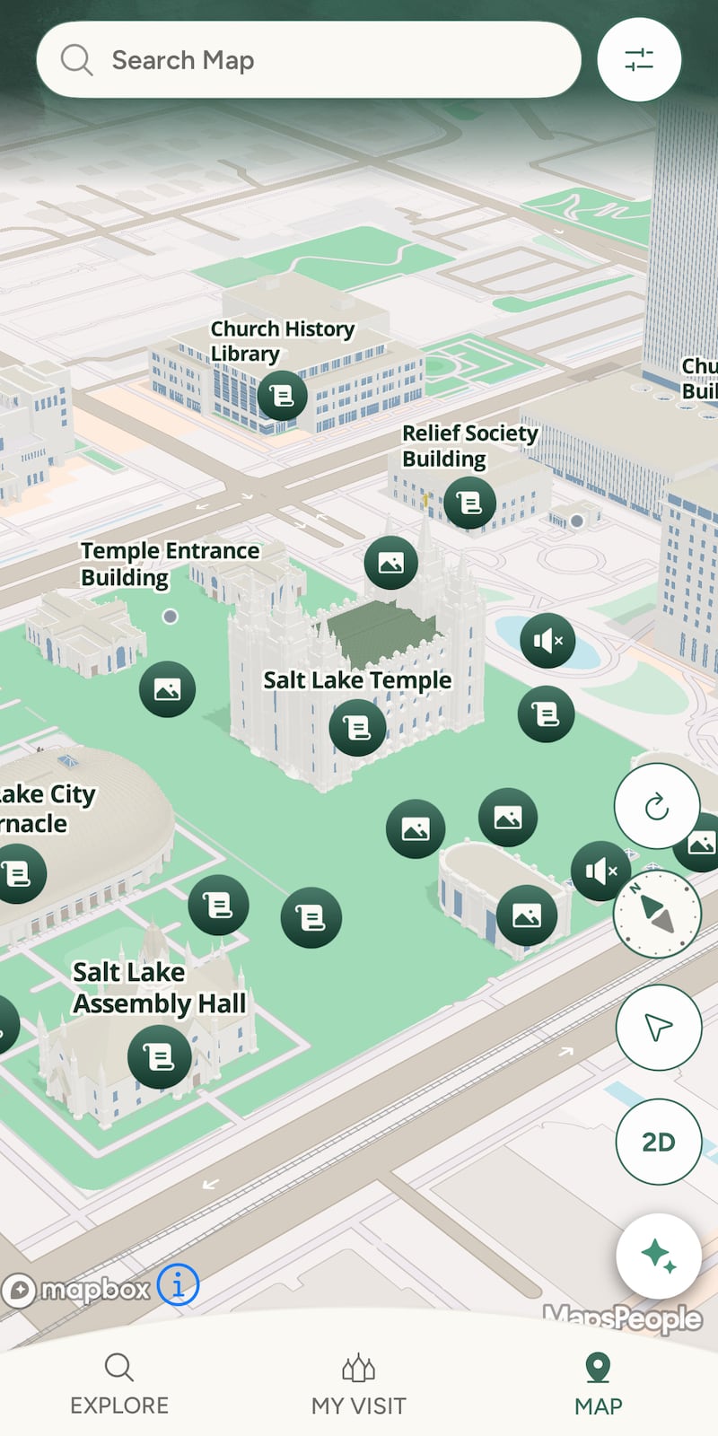 The "Map" section is pictured on the Temple Square app of The Church of Jesus Christ of Latter-day Saints.