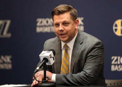 FILE - Steve Starks, president of Larry H. Miller Sports and Entertainment and Utah Jazz, talks to the media at the Zions Bank Basketball Center in Salt Lake City on May 9, 2017. On Wednesday, Starks was named as the new CEO of the Larry H. Miller Group.