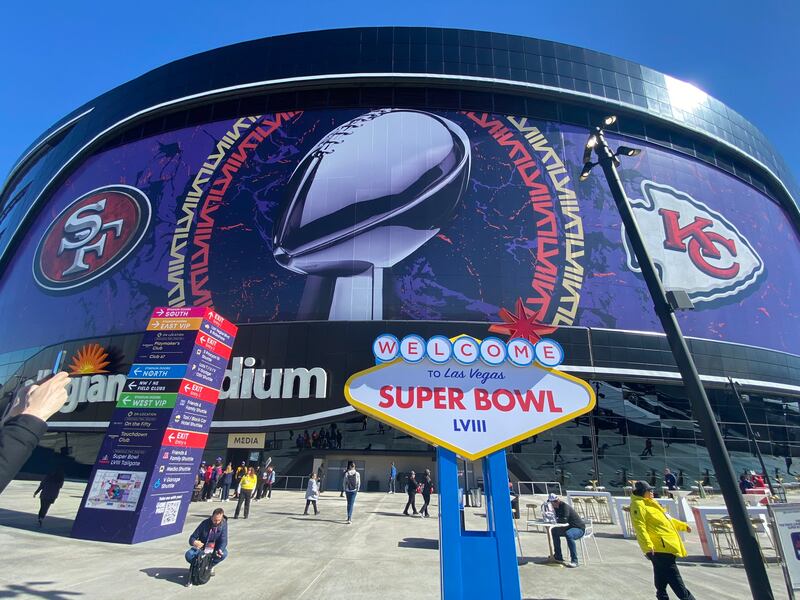 A view of Allegiant Stadium in Las Vegas ahead of the Super Bowl on Feb. 11, 2024.