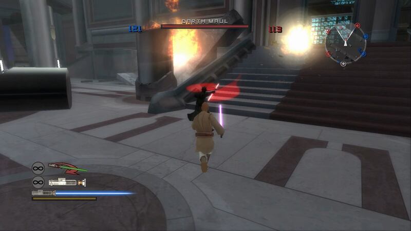 Mace Windu fights against Darth Maul on Coruscant in "Star Wars Battlefront II."