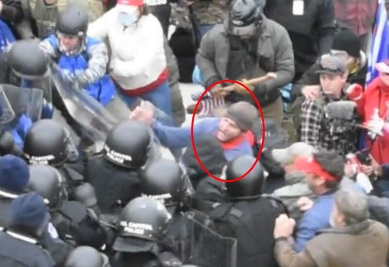 Landon Copeland, who investigators have circled in red, is accused of assaulting Capitol Police during the attack on the U.S. Capitol on Jan. 6, 2021 in Washington, D.C.