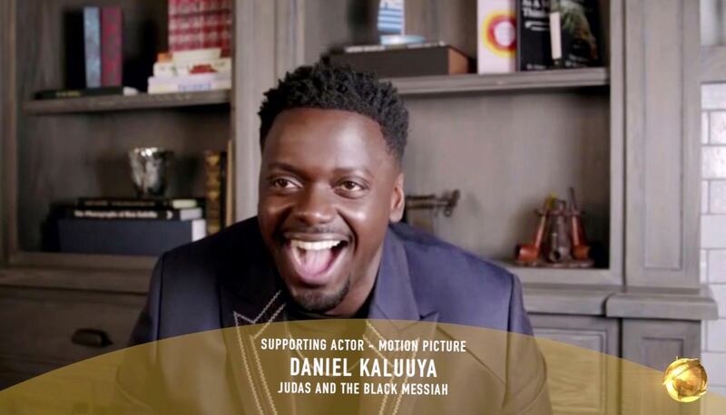 In this video grab issued Sunday, Feb. 28, 2021, by NBC, Daniel Kaluuya accepts the award for best supporting actor in a motion picture for “Judas and the Black Messiah” at the Golden Globe Awards.