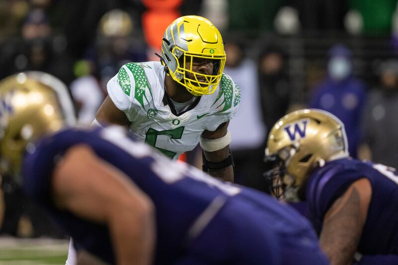 Oregon defensive end Kayvon Thibodeaux is pictured during a game against Washington, Saturday, Nov. 6, 2021, in Seattle.