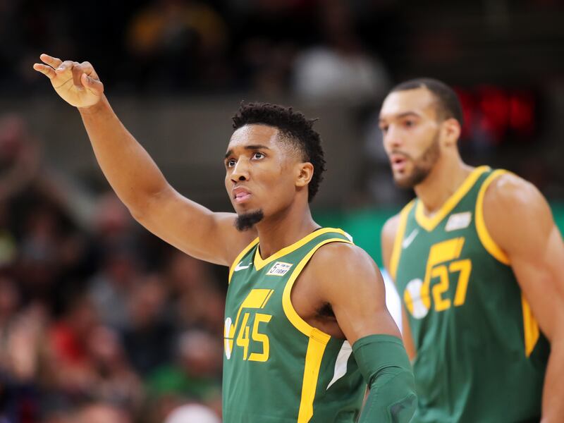 Utah Jazz guard Donovan Mitchell (45) gestures to the crowd