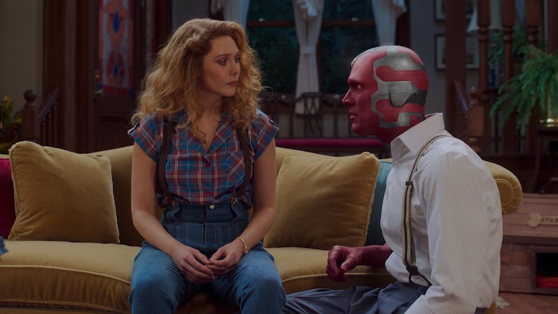 Elizabeth Olsen as Wanda Maximoff and Paul Bettany as Vision in “WandaVision.” The sixth episode is titled “A Very Spooktacular Episode!”