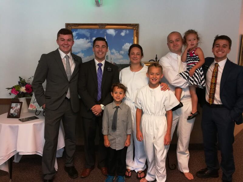 The Brown family stands with three full-time missionaries on the day of their baptism in June 2018 in Kansas City, Missouri.