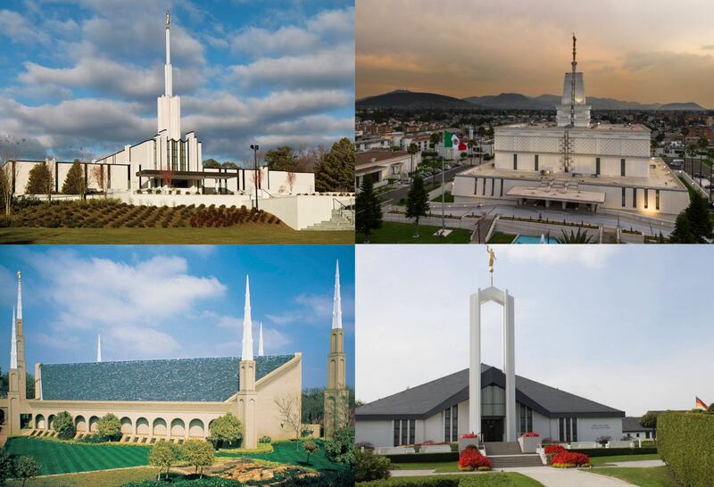 A four-image composition of the Atlanta Georgia, Mexico City Mexico, Freiberg Germany and Johannesburg South Africa temples.