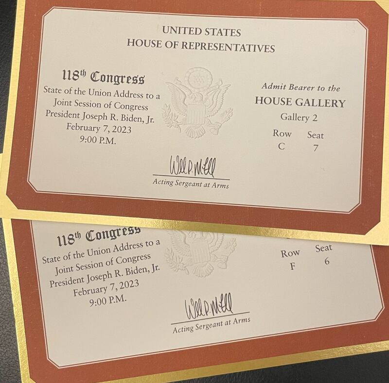 The tickets used by Brittany Alkonis and Andrew Eubanks to attend President Joe Biden’s State of the Union on Feb. 7, 2023.