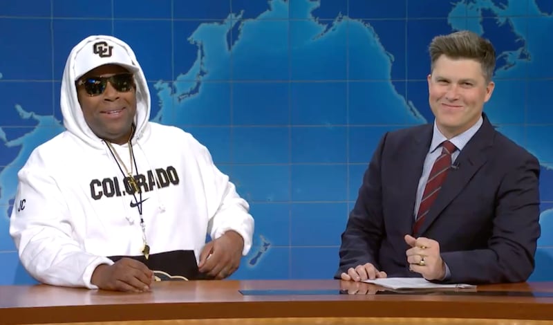 Comedian Kenan Thompson, left, parodied Colorado coach Deion Sanders alongside fellow comedian Colin Jost.