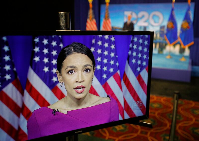 Rep. Alexandria Ocasio-Cortez, D-N.Y., seconds the nomination of Democratic presidential candidate, Sen. Bernie Sanders, I-Vt., via video feed during the second night of the virtual 2020 Democratic National Convention in Milwaukee, Wisc., Tuesday, Aug. 18, 2020.